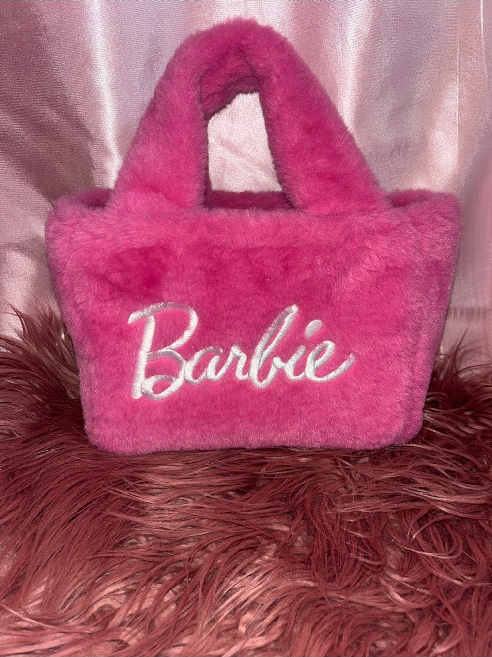 Barbie Bright Pink Fuzzy Mini Tote with White Script
